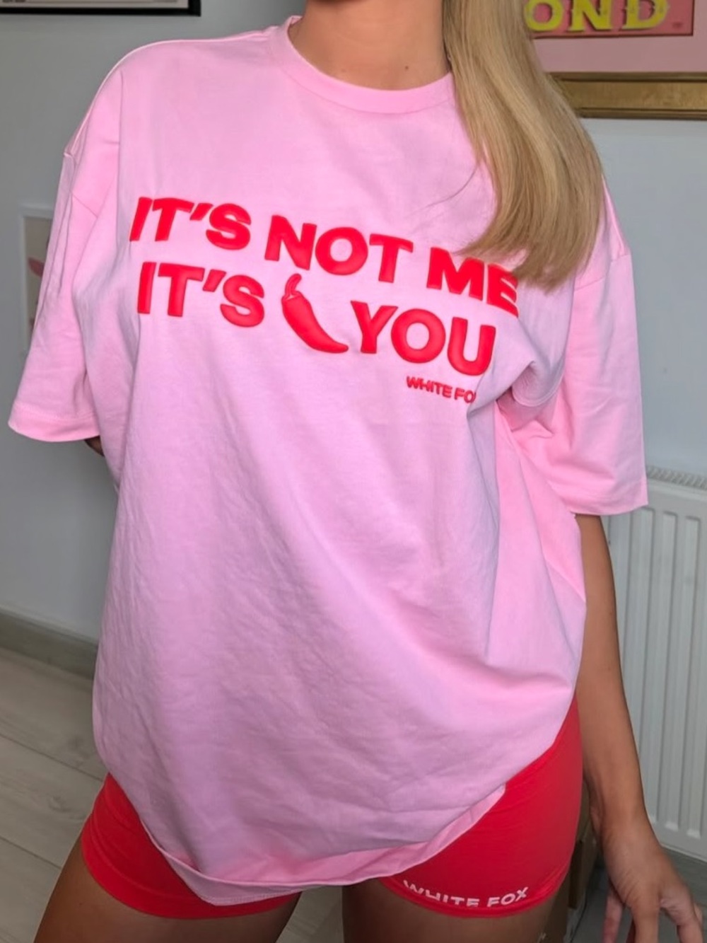 White Fox Boutique Pink Short Sleeve Graphic Tee with Red Text